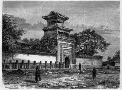 Mecset Pekinben (Peking) az 1870-es években. Metszet Deroy rajza nyomán, a „Le Tour du Monde, Nouveau Journal des Voyages” című kiadványban, szerkesztette Edouard Charton, Párizs alkotó: Deroy (after)