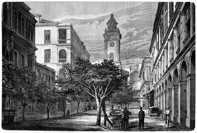Kilátás a történelmi hongkongi óratoronyra. Metszet Deroy rajza után, in: "Le Tour du Monde, Nouveau journal des Voyages", szerkesztette Edouard Charton, Párizs. alkotó: Deroy (after)