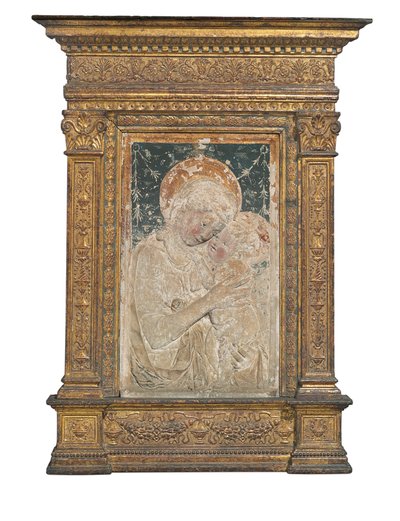 A Szűz és a Gyermek domborműve (aranyozott és polikróm stukkó) alkotó: Desiderio da Settignano (after)