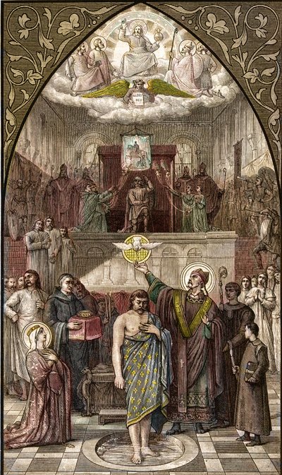 Szent Remigius megkereszteli Clovist Reimsben - I. Clovis Ferenc (466-511) királyának Reimsben megkeresztelkedése Saint Remi Éva által 496.12.25-én (vagy 499-én) - metszet Desire Francois Laugee festménye után alkotó: Desire Francois Laugee
