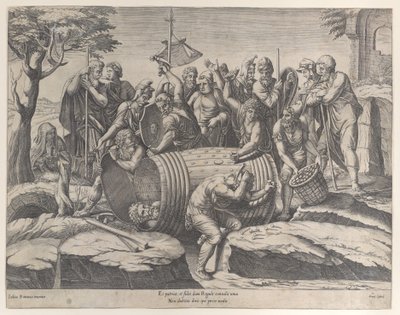 Marcus Atilius Regulus egy hordóban, miközben két férfi ütögeti a szögeket, különféle fi..., 1555-77. alkotó: Diana Mantuana