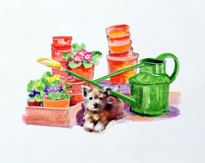 Terrier a terrakotta cserepek között alkotó: Diane Matthes