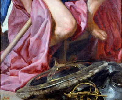 A háború istene Mars, a pajzs és a páncél részlete az isten lábainál. Diego Rodriguez de Silva y Velasquez (1599-1660) festménye alkotó: Diego Velázquez