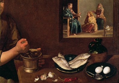 Konyhai jelenet Krisztussal Márta és Mária házában (az étel az asztalon Krisztussal, Márta és Mária a háttérben részlete, lásd: 99423), 1618 körül alkotó: Diego Velázquez