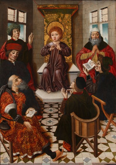 Jézus az orvosok között - Krisztus az orvosok között - Cruz, Diego de la (aktív 1482-1500) - c. 1490 - Olaj, fa - 102x76 - Lazaro Galdiano Múzeum, Madrid alkotó: Diego de la Cruz