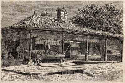 Egy hentesüzlet és egy pékség Bukarestben (Románia). Lancelot tervező 1860-as metszete a Párizsból Bukarestbe tartó utazás szemléltetésére a „Le tour du monde, nouveau Journal des voyages” című folyóiratban, amelyet Edouard Charton irányítása alatt adott k alkotó: Dieudonne Auguste Lancelot