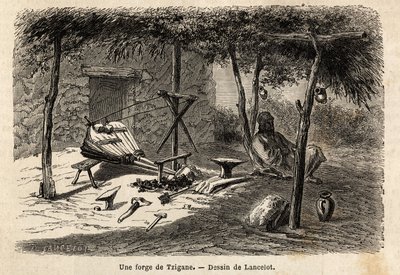 Egy cigánykohó a romániai Walachia régióban. A Párizsból Bukarestbe tartó utazást illusztráló metszet Lancelot rajzolótól 1860-ban, amelyet a „Le tour du monde, nouveau Journal des voyages” jelent meg Edouard Charton irányítása alatt. alkotó: Dieudonne Auguste Lancelot