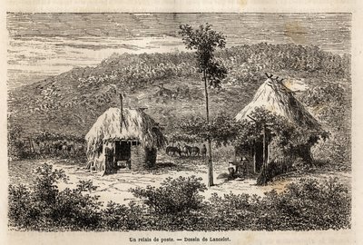 Postaváltó Bukarest és Pitesti között. A Párizsból Bukarestbe (Románia) tartó utazást illusztráló metszet 1860-ban Lancelot tervezőtől, a „Le tour du monde, nouveau Journal des voyages” című kiadványban, amelyet Edouard Charton irányítása alatt adtak ki. alkotó: Dieudonne Auguste Lancelot
