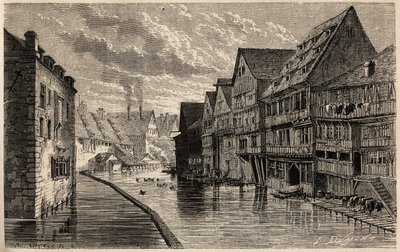 Régi bőrgyárak Ulmban, Lancelot rajza, Victor Duruy Párizsból Bukarestbe tartó utazásának illusztrálására 1860-ban. Metszet a „” Le tour du monde”-ban, szerkesztette Edouard Charton alkotó: Dieudonne Auguste Lancelot