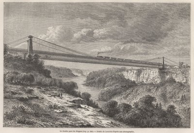 A Niagara kettős híd, Lancelot rajza, L. Deville 1854-55-ös észak-amerikai útjainak illusztrálására. Metszet „” Le tour du monde”” 1861. Selva gyűjteményében. alkotó: Dieudonne Auguste Lancelot