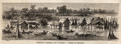 Apathin (Szerbia) halászata a Dunán. Lancelot rajza, 1860-ban Párizsból Bukarestbe tartó utazásának illusztrálására. Metszet a „Le tour du monde”-ban, szerkesztette Edouard Charton alkotó: Dieudonne Auguste Lancelot