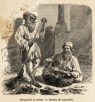 A seprőgépek Orezuban (Románia). A Párizsból Bukarestbe tartó utazást illusztráló metszet Lancelot rajzolótól 1860-ban, amelyet a „Le tour du monde, nouveau Journal des voyages” jelent meg Edouard Charton irányítása alatt. alkotó: Dieudonne Auguste Lancelot
