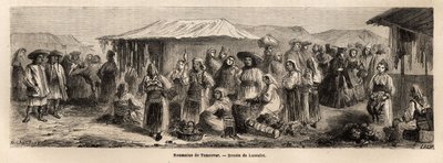 Tesmevar (vagy Temesvár) sétáló lakossága Romániában. A Párizsból Bukarestbe tartó utazást illusztráló metszet Lancelot rajzolótól 1860-ban, amelyet a „Le tour du monde, nouveau Journal des voyages” jelent meg Edouard Charton irányítása alatt. alkotó: Dieudonne Auguste Lancelot
