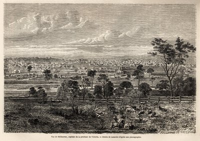 Melbourne (Ausztrália) látképe, Lancelot rajza egy 1854-1859-ben Ausztráliában élõ francia squatter emlékeinek illusztrálására, M. de Castella. Metszet „” Le tour du monde”” 1861. Selva gyűjteményében. alkotó: Dieudonne Auguste Lancelot