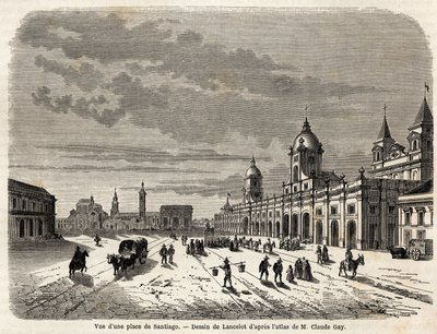 Egy Santiago (Chile) tér látképe, Lancelot rajza a dél-amerikai utazás szemléltetésére 1823-ban, Giovanni Mastai Ferretti (1792-1878, leendő IX. Pius). Metszet a „” Le tour du monde, nouveau Journal des voyages”” Párizsban alkotó: Dieudonne Auguste Lancelot