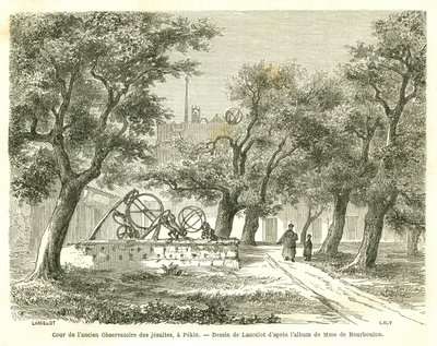 Kilátás az egykori jezsuita csillagvizsgáló udvarára Pekinben (Peking), Kína. Lancelot metszete, a „Le Tour du Monde, Nouveau Journal des Voyages” című kiadványban, szerkesztette: Edouard Charton, Párizs alkotó: Dieudonne Auguste Lancelot