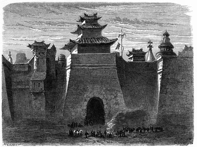 Pekin falai és kapuja (Peking), Kína. Lancelot metszete, a „Le Tour du Monde, Nouveau Journal des Voyages” című kiadványban, szerkesztette: Edouard Charton, Párizs alkotó: Dieudonne Auguste Lancelot