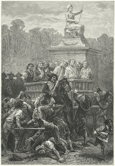 Tumbrill tele rabokkal a guillotine felé tartva, francia forradalom (metszet) alkotó: Diogene Ulysse Napoleon Maillart