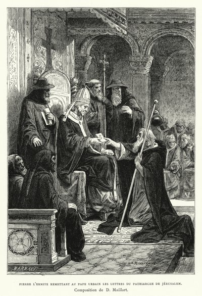 Remete Péter átadja Urbán pápának a jeruzsálemi pátriárka leveleit (metszet) alkotó: Diogene Ulysse Napoleon Maillart