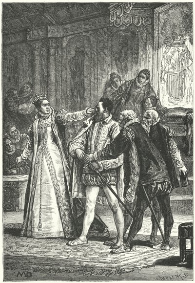 Essex grófja kard rántásával fenyegetőzik, miután I. Erzsébet királynő a füle köré bilincselte szemtelensége miatt, 1598 alkotó: Diogene Ulysse Napoleon Maillart