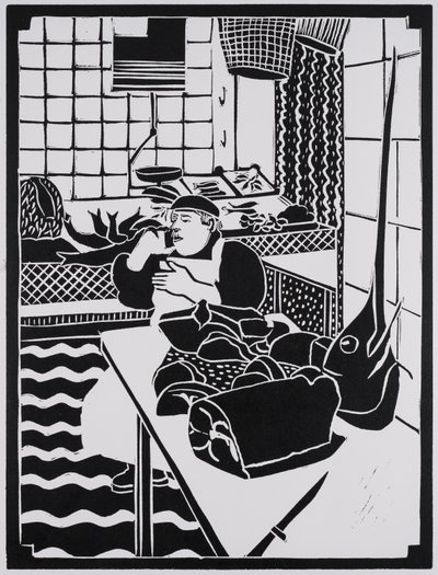 Hal eladó, Szicília, 2025 (Linómetszet) alkotó: Dione Verulam