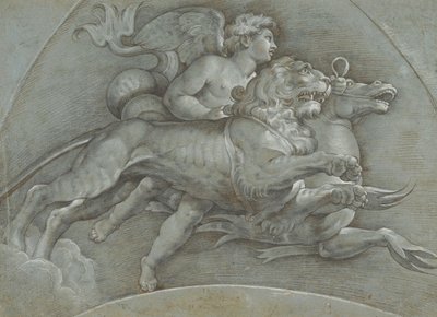 Szárnyas puttó tengeri lovon és oroszlánon Rafael után, verso..., 1574. alkotó: Dionisio Calvaert