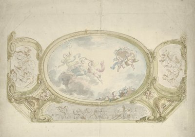 Mennyezeti festményterv: ovális allegorikus ábrázolással, putti jelenetekkel körülvéve alkotó: Dionys van Nijmegen (possibly)