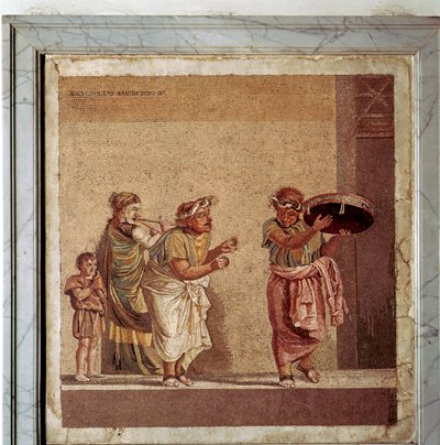 Zenészek és álarcos színészek római mozaikja egy színdarabban, Pompeii, Olaszország alkotó: Dioscurides