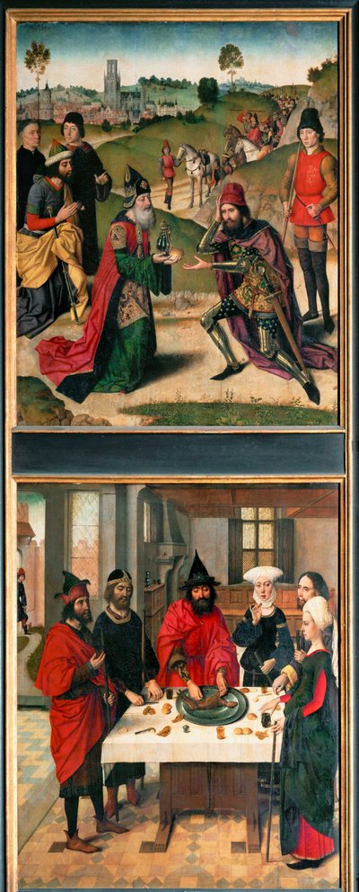 Az utolsó vacsora oltára, bal szárny: fent: Ábrahám és Melkizedek (festmény fára). alkotó: Dirck Bouts