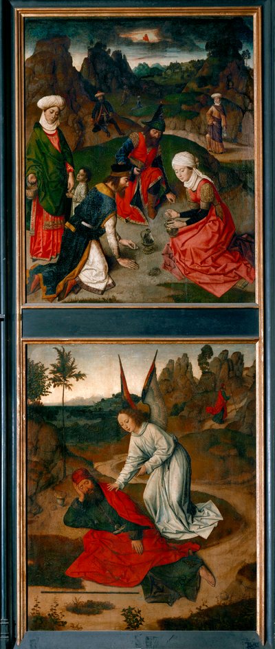 Az utolsó vacsora oltára, jobb szárny: fent: a manna gyűjtése a sivatagban, lent: az angyal felébreszti Illés prófétát (festmény fára). alkotó: Dirck Bouts