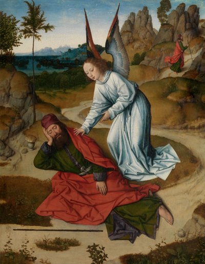 Illés a sivatagban, részlet a Szentségi Oltárról, 1464-68 körül (olaj, tábla) alkotó: Dirck Bouts