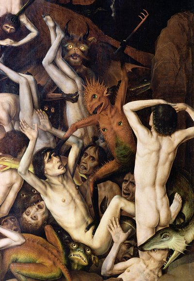 A pokol, egy démon részlete, amely eltalálja az átkozottakat, 1450 körül alkotó: Dirck Bouts