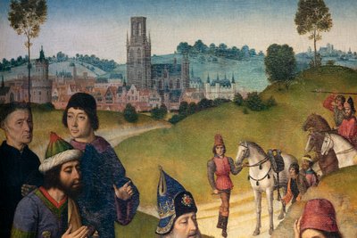 Plébániatemplom (Parochiekerk Sint-Pieter). Festmény. Utolsó vacsora. Dirk Bouts. 1464-1468. Részlet. Bal oldali panel. alkotó: Dirck Bouts