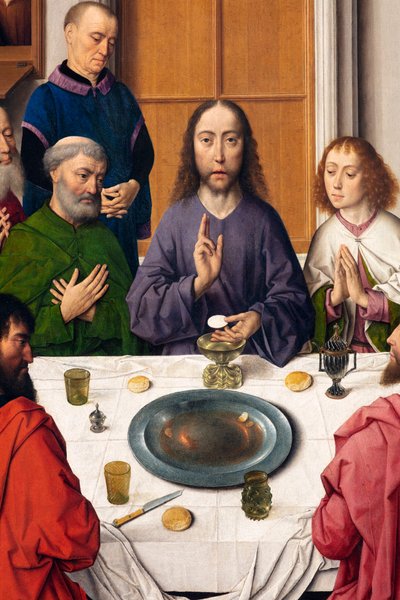 Plébániatemplom (Szent Péter plébániatemplom). festmény. Utolsó vacsora. Dirk Bouts. 1464-1468. Részlet. központi panel. alkotó: Dirck Bouts
