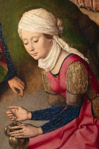 Plébániatemplom (Parochiekerk Sint-Pieter). Festmény. Utolsó vacsora. Dirk Bouts. 1464-1468. Részlet. Jobb panel. alkotó: Dirck Bouts