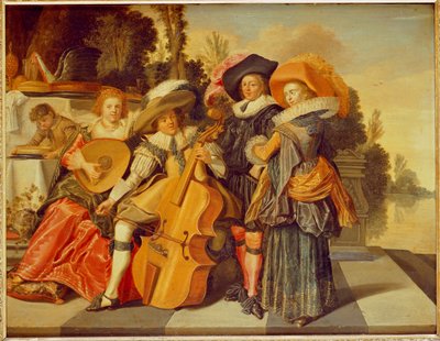 Elegáns figurák zenélnek egy tóparti teraszon alkotó: Dirck Hals