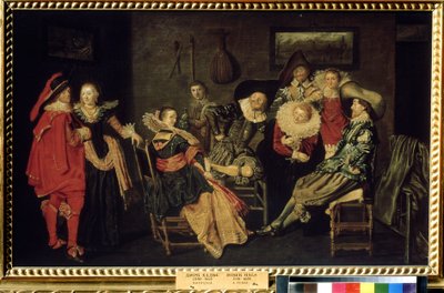 ""The Merry Company"" (The Merry Company) A buli egy gazdag holland rezidenciában, elegánsan öltözött polgárok asztalán. Dirck Hals (1591-1656) festménye, 17. század, 41x66 cm, Puskin Múzeum, Moszkva alkotó: Dirck Hals