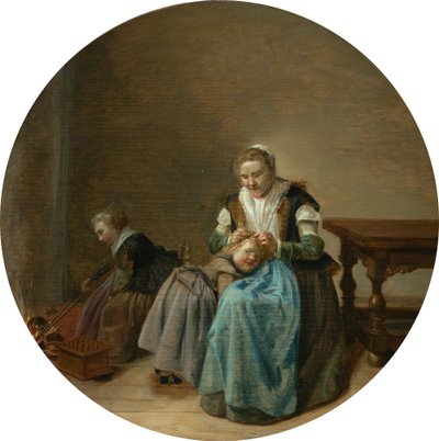 Anya, aki egy gyermeket gondoz egy belső térben, egy másik gyermekkel a kandallónál alkotó: Dirck Hals