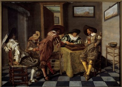 A tric trac része (tri-trac: régi Backgammon játék). Dirk Hals (1591-1656) festménye, 1615-1625 körül. Olaj, fa. Méret: 0,38 X 0,53 m. Lille, Musee Des Beaux Arts – Tic-trac játékosok („Trictrac: ősi backgammon játék). Dirk Hals festménye (159 alkotó: Dirck Hals
