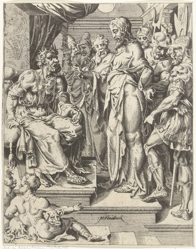 Krisztus Heródes előtt Az emberiség bukása és megváltása Krisztus életén és szenvedésen keresztül (sorozat címe) alkotó: Dirck Volckertsz. Coornhert (attributed to)
