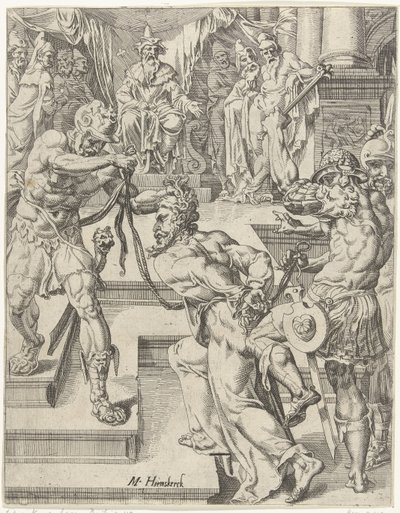 Krisztus Kajafás előtt Az emberiség bukása és megváltása Krisztus életén és szenvedésen keresztül (sorozat címe) alkotó: Dirck Volckertsz. Coornhert (attributed to)