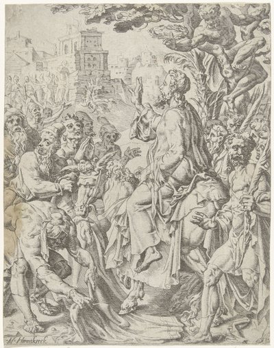 Belépés Jeruzsálembe Az emberiség bukása és megváltása Krisztus életén és szenvedésen keresztül (sorozat címe) alkotó: Dirck Volckertsz. Coornhert (attributed to)