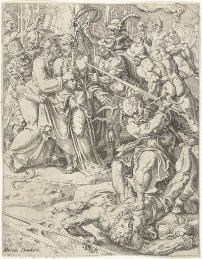 Judas Kiss és Krisztus letartóztatása Az emberiség bukása és megváltása Krisztus életén és szenvedésen keresztül (sorozat címe) alkotó: Dirck Volckertsz. Coornhert (attributed to)