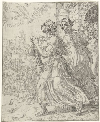 Judit és szolgája elhagyják Betuliát Judit és Holofernes (sorozat címe) alkotó: Dirck Volckertsz. Coornhert (attributed to)