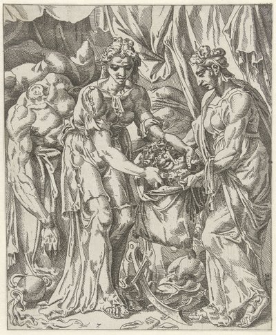 Judit egy zacskóba teszi Holofernész fejét Judit és Holofernes (sorozat címe) alkotó: Dirck Volckertsz. Coornhert (attributed to)