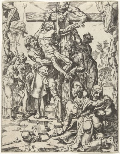 Leszállás a keresztről Az emberiség bukása és megváltása Krisztus életén és szenvedésén keresztül (sorozat címe) alkotó: Dirck Volckertsz. Coornhert (attributed to)