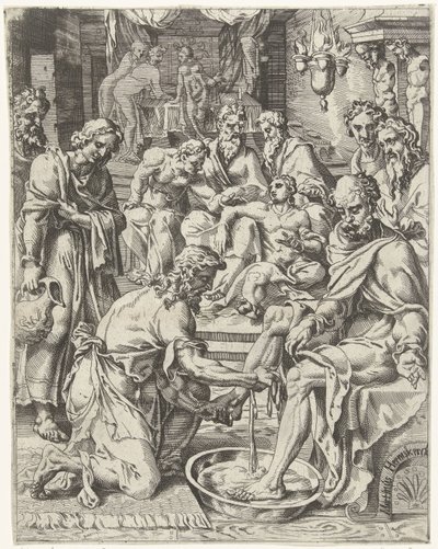 lábmosás Az emberiség bukása és megváltása Krisztus életén és szenvedésen keresztül (sorozat címe) alkotó: Dirck Volckertsz. Coornhert (attributed to)