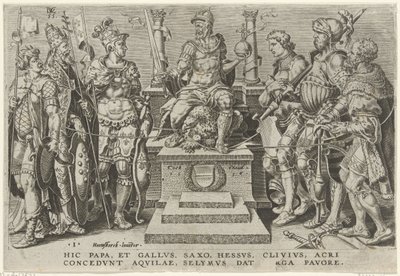 V. Károly császárt legyőzött ellenfelei körülvéve V. Károly győzelmei (sorozat címe) Divi Caroli. v. imp. dönt. max. victoriae, ex multis praecipuae (sorozat címe) alkotó: Dirck Volckertsz. Coornhert