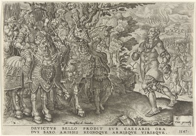 A szász herceg megadása a mühlbergi csatatéren, 1547 V. Károly győzelmei (sorozat címe) Divi Caroli. v. imp. dönt. max. victoriae, ex multis praecipuae (sorozat címe) alkotó: Dirck Volckertsz. Coornhert