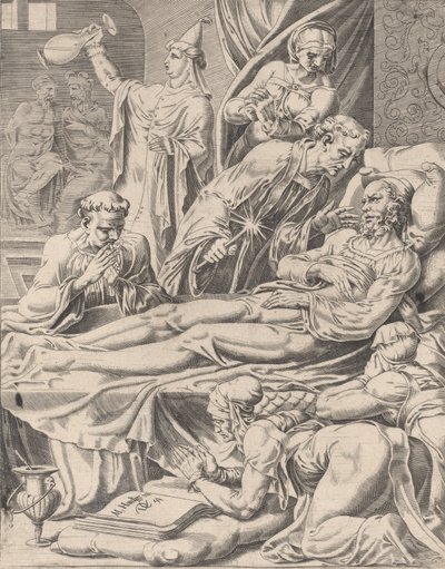 A gazdag ember halálos ágyán, A Lázár és a gazdag ember példázata, 2. lemez, 1551. alkotó: Dirck Volkertsen Coornhert